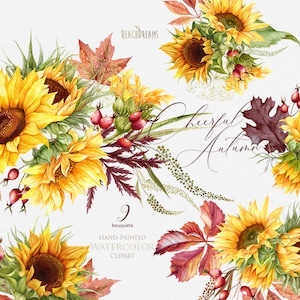 Sunflowers, Autumn leaves, Leaf fall, Red briar, Watercolor clipart, Yellow, Rustic Wedding, Bouquets, Boho flowers, Invitations, png
