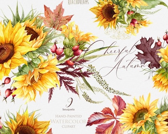 Tournesols, feuilles d'automne, chute des feuilles, bruyère rouge, clipart aquarelle, jaune, mariage rustique, bouquets, fleurs bohèmes, invitations, png