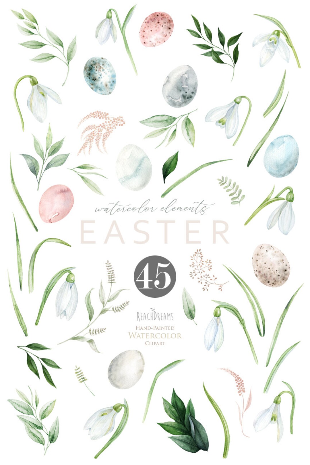 Easter Spring Watercolor Clipart, Snowdrop Floral, Eggs Clip Art ...