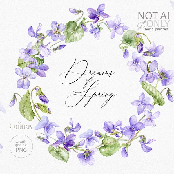 Clipart floreale viola, primavera viola, ghirlanda di fiori, fiori primaverili blu, fiori viola, viole acquerello, clipart invito matrimonio PNG