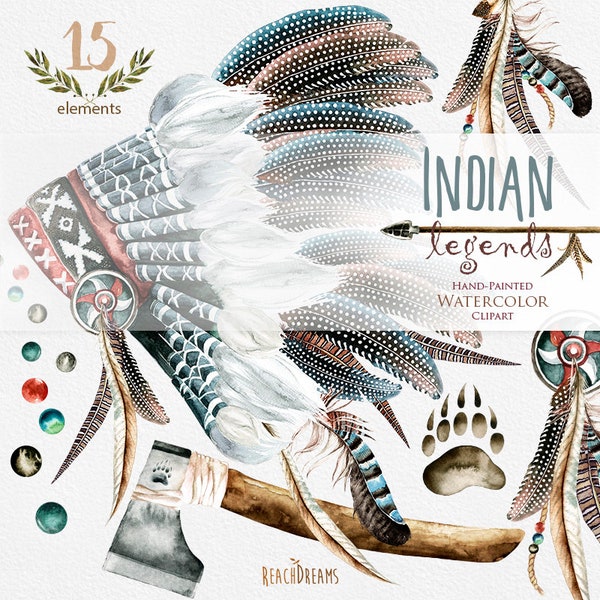 Indian legends. Watercolor Headdresses Clipart, Warbonnet, Indian ax, Tribal, Feathers, Boho, Native America, laurel branch DIY, quote, png