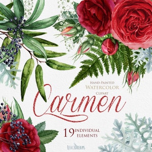 Bruiloft Aquarel Bloemen, Engelse Rozen, Brunia, Varen, Bladeren Eucalyptus, Handgeschilderde clipart, uitnodigingen, wenskaarten, DIY