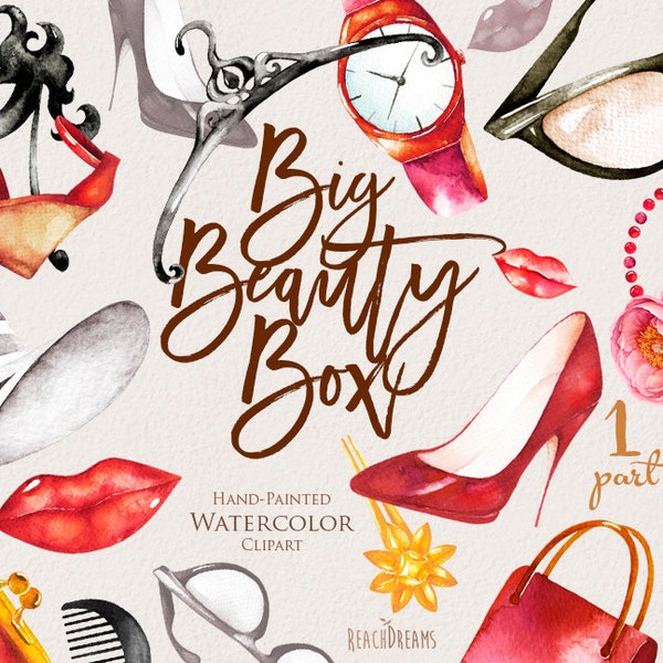 Fashion Watercolor, Hand painted clipart, diy elements, invite, beauty, lips, purse, shoes, mask blog, stickers, digital instant download