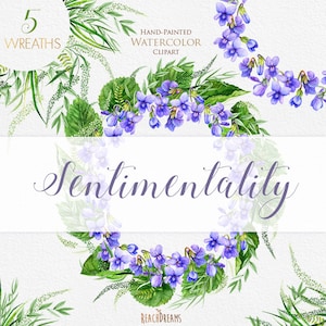 Viola Flowers, Watercolor Clipart Wreaths, Floral Violet, Wedding invitation, Purple Arrangements, Individual PNG files, greetings cards