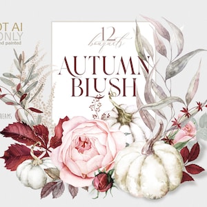 Blush Fleurs d'automne, Bohème Boho Automne, Fleurs d'automne, Bouquets de mariage Boho, Citrouilles blanches, Roses roses, Feuilles de Bourgogne, Aquarelle png