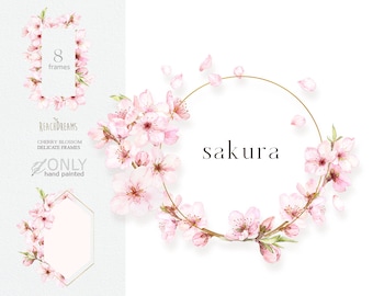 Aquarel kersenbloesems clipart, Sakura clipart, bloemenframes, lente bloemen roze verse boeketten, premade clipart, Japanse Sakura PNG