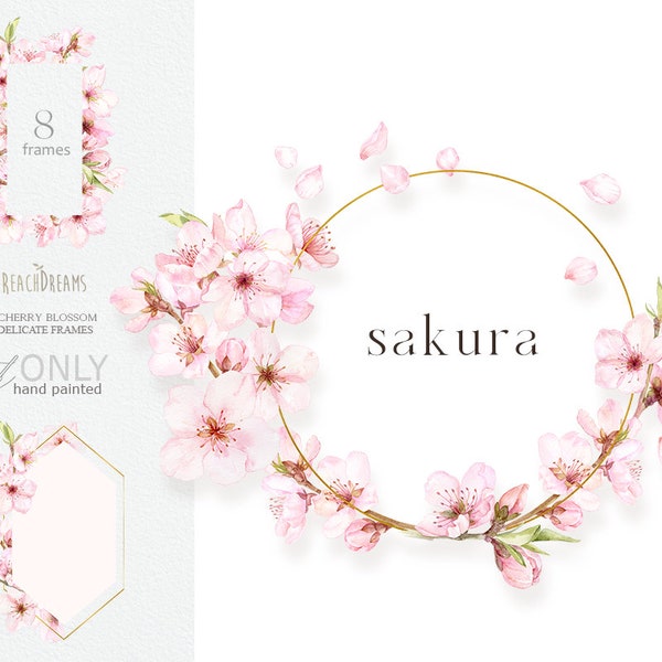 Watercolor Cherry Blossoms Clipart, Sakura Clipart, Floral frames, Spring Floral Pink Fresh Bouquets, Premade clipart, Japanese sakura png