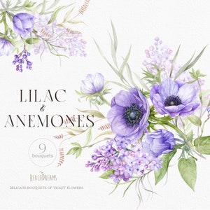 Violette bloemen clipart Lila anemonen aquarel paarse lente bloemen boeketten bloemen clipart premade clipart bruiloft uitnodigingen clipart