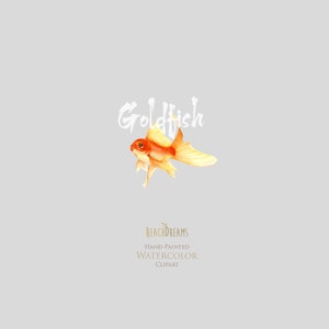 May include: Watercolor illustration of a goldfish with orange and yellow scales. The illustration is labeled "Goldfish" and "ReachDreams Hand-Painted Watercolor Clipart".