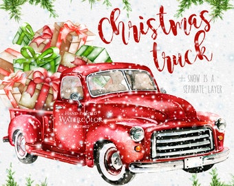 Watercolor Christmas Truck, Vintage Red Pickup, Pine Tree, Retro Car, Hand painted Clipart, Snow, Santa, New Year decoration, Greeting card