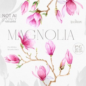 Magnolien Aquarell Clipart, Frühling rosa Blumen, Aquarell Hochzeit Blumenrahmen, Blütenzweige, Frühling Blumen Clipart, Botanisches png