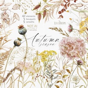 Clipart de fleurs sauvages d'automne, fleurs sauvages d'automne, fleurs sauvages séchées, bouquets aquarelles, clipart préfabriqué, couronnes de mariage, éléments individuels