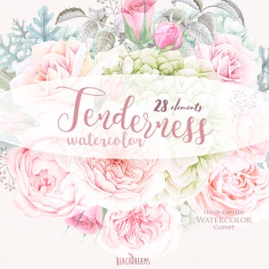 Floral Watercolor Elements, Roses, Hydrangeas, Bohemian Boho Flowers. Hand Painted Wedding Clipart. Bridal, Suite, Digital png, greeting image 3