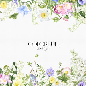 May include: A watercolor illustration of a floral border with blue, pink, white, and yellow flowers. The text "COLORFUL spring" is in the center of the image.