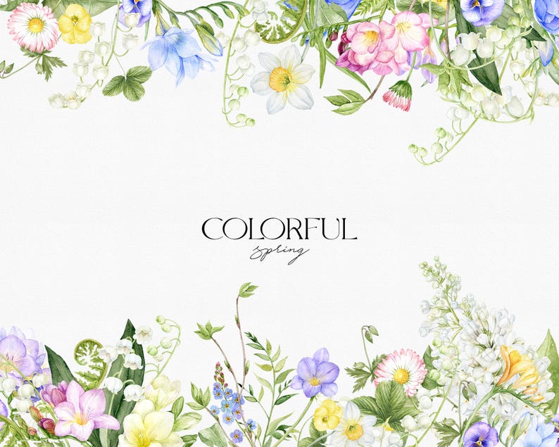 May include: A watercolor illustration of a floral border with blue, pink, white, and yellow flowers. The text "COLORFUL spring" is in the center of the image.