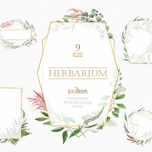 Cadres aquarelles, feuilles, clipart préfabriqué, floral vert, or, géométrie, herbier, feuille, herbes sauvages, mariage, invitations de modèle de mariée