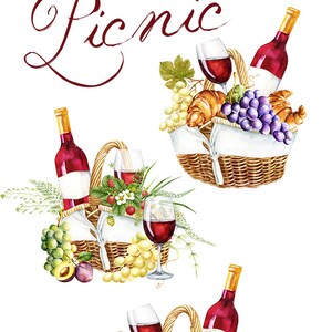 Clipart aquarelle pique-nique, Panier pique-nique, Panier pique-nique, Vin, Verre, Fruits, Raisins, Nourriture, Cuisine, Été, Camping, Aquarelle ensemble numérique image 2