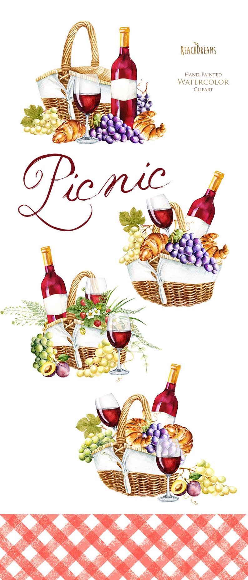 Clipart aquarelle pique-nique, Panier pique-nique, Panier pique-nique, Vin, Verre, Fruits, Raisins, Nourriture, Cuisine, Été, Camping, Aquarelle ensemble numérique image 2