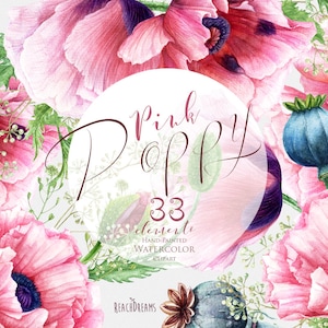 Aquarelle Pink Poppy, Éléments peints à la main, fleurs de coquelicots, invitations de mariage, boho, clipart cadre floral, carte de vœux, clip art de bricolage