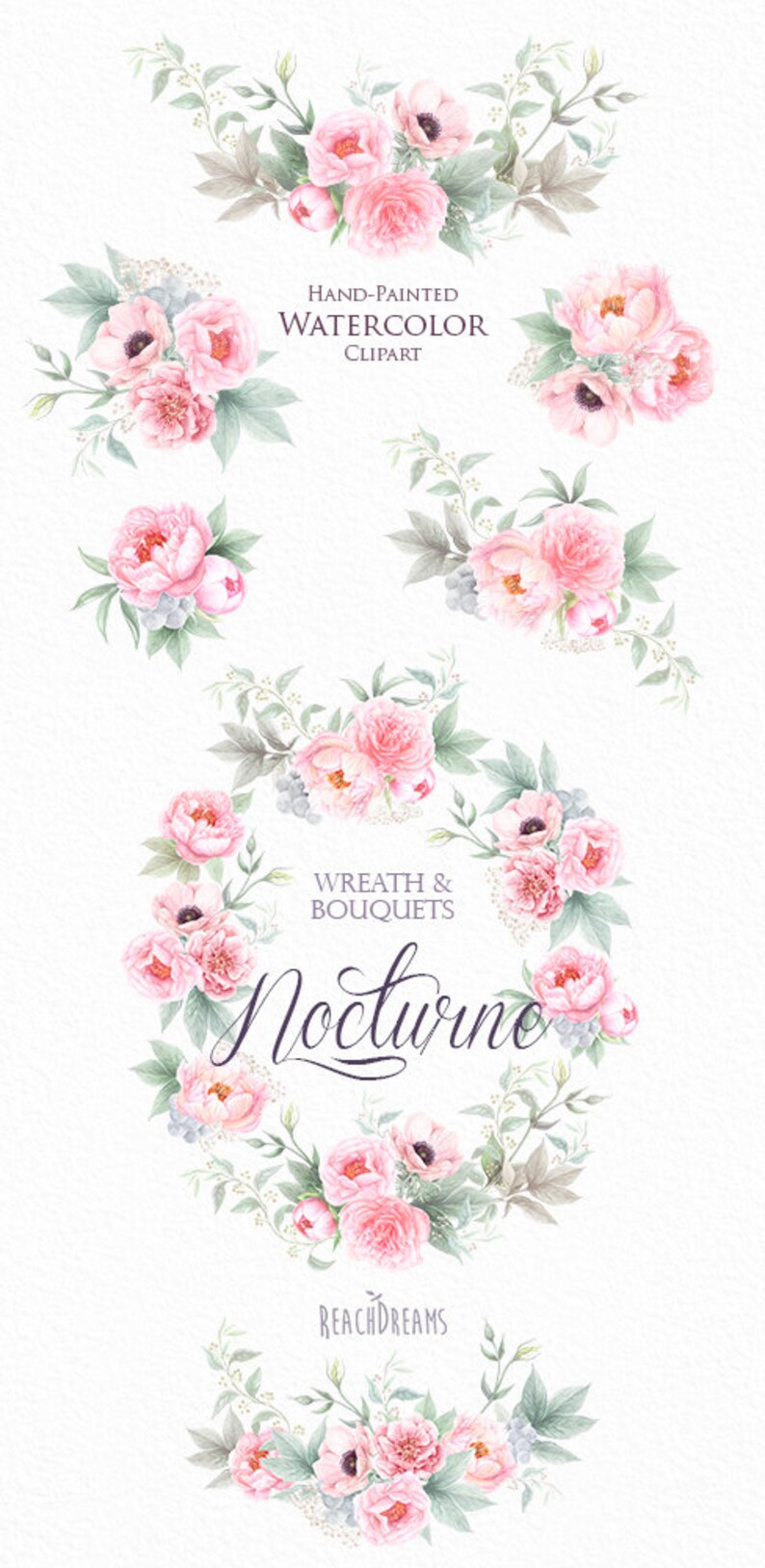 greeting card Bouquets Hand Painted Clipart Floral Wedding Invitations Anemone Digital PNG Wreaths Watercolor Peonies Flowers DIY