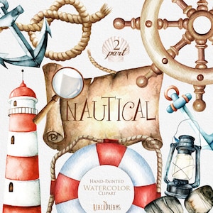 Nautical watercolor clipart. Marine. Ocean. Individual PNG files. Lighthouse, Lifebuoy, lamp, Helm, Banner, Scroll, Anchor, invitation