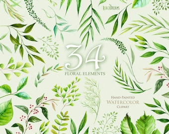 Floral Elements leaves, foliage, herbs, wedding invitation, suite, greeting card, meadow, watercolor clipart, eco botanical art, digital png