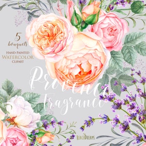 lavender, Roses Flowers Watercolor, Floral elements  Botanical art, Boho Bouquets, Hand Painted Wedding Clipart. Digital greeting card png