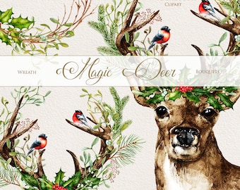 Weihnachten Hirsch. Aquarell Hirsche, Geweih, Stierfinken, von Hand bemalt Clipart, rustikal, Hirsch, laden, diy ClipArt, Neujahr, Hörner