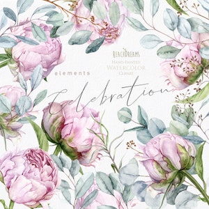 Bloemen clipart, Eucalyptus, Pioenrozen, Pioenknoppen, Groen, Lichtroze, Aquarelelementen, Boheemse Boho, Handgeschilderd, Bruiloft uitnodigingen