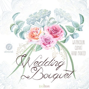 May include: Watercolor illustration of a wedding bouquet with pink and peach roses, green leaves, and white flowers. The text "Wedding Bouquet" is written in cursive below the bouquet.