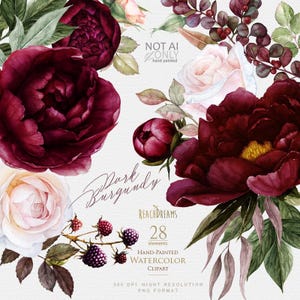 Bloemen clipart pioenrozen rozen, donkere bordeauxrode bloemen, paars, roze aquarel DIY elementen clipart, Boho Boho, bruiloft uitnodigingen ontwerp