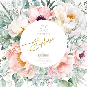 Bloemen clipart Eucalyptus pioenrozen witte bloemen groen licht roze aquarel elementen Boho Boho handgeschilderde huwelijksuitnodigingen PNG