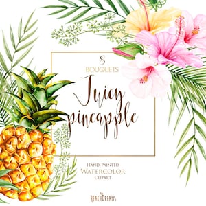 Watercolor Pineapple, Tropical Flowers, Pink Hibiscus, Palm Leaves, Exotic Hawaii, Yellow Fruits, Floral Bouquet Arrangements, cards, invite
