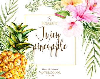 Watercolor Pineapple, Tropical Flowers, Pink Hibiscus, Palm Leaves, Exotic Hawaii, Yellow Fruits, Floral Bouquet Arrangements, cards, invite