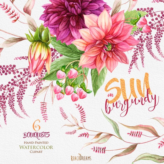 Sunflowers, Dahlias. Watercolor Bohemian Boho Flowers. Bouquets, Rustic Hand Painted Wedding Clipart. Digital invitations. Greeting card png