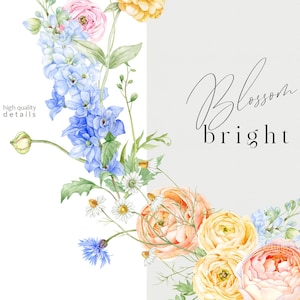 Op de afbeelding: Waterverf bloemstuk met roze, gele en blauwe bloemen en groene bladeren. De woorden "Blossom bright" zijn in een elegant handschrift geschreven. De woorden "high quality details" zijn ook zichtbaar.