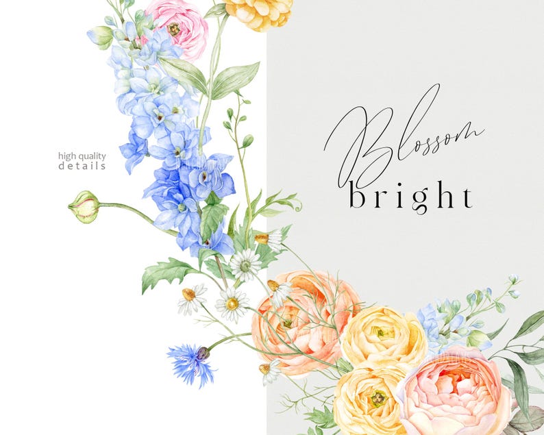 Op de afbeelding: Waterverf bloemstuk met roze, gele en blauwe bloemen en groene bladeren. De woorden "Blossom bright" zijn in een elegant handschrift geschreven. De woorden "high quality details" zijn ook zichtbaar.