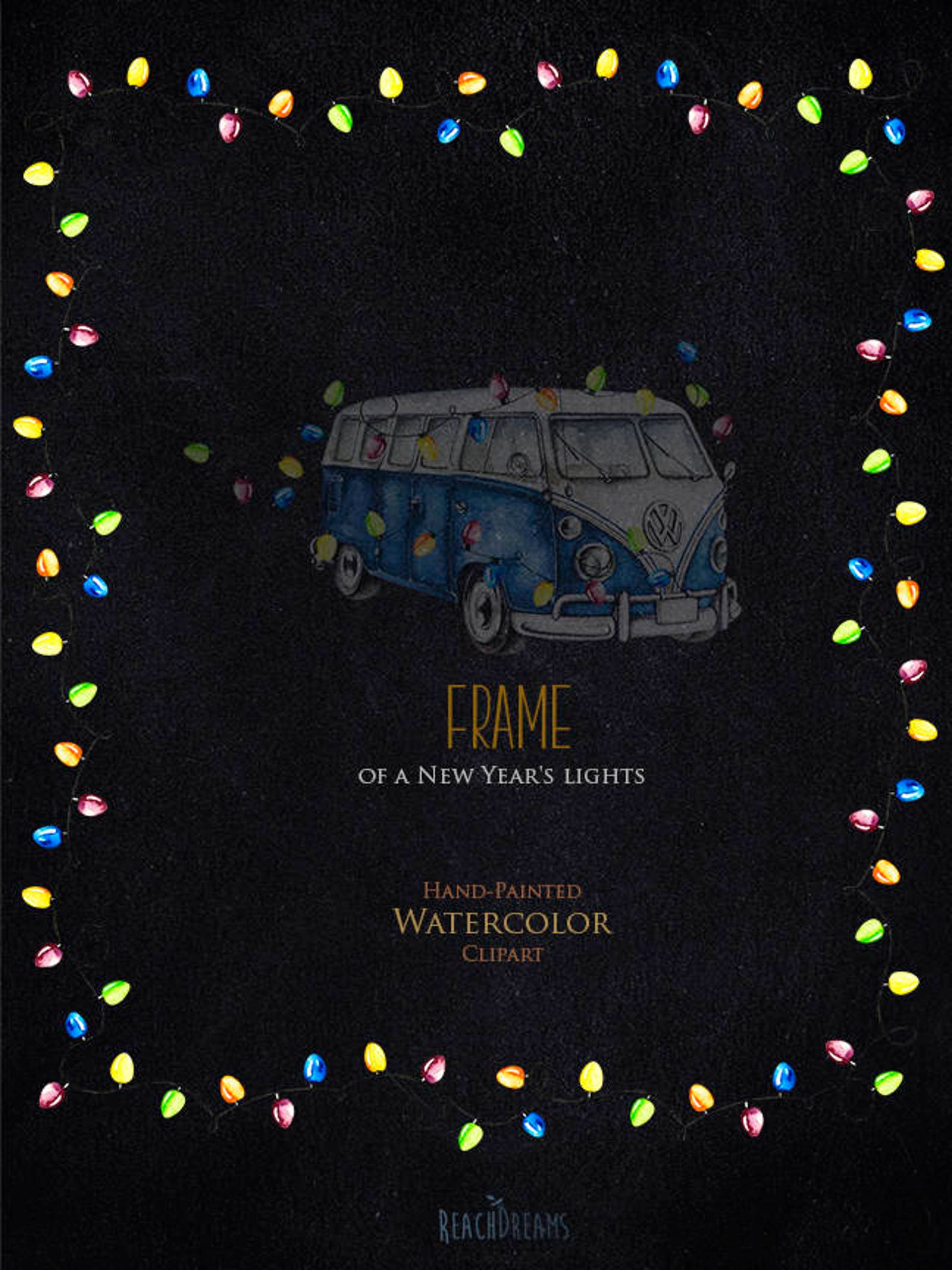 Watercolor Christmas VW Van Vintage Blue Bus New Year's Etsy