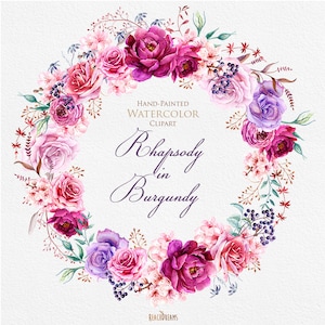 Aquarelle Bourgogne Couronne & Bouquets avec éléments floraux Pivoies et roses. Style Boho, Fichiers PNG individuels. Invitations de mariage Clipart