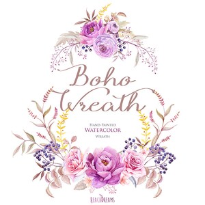 Akwarela Boho wieniec kwiaty ręcznie malowane. Bukiet ślubny. Fioletowe róże, Jaskier, Piwonie. Cyfrowe zaproszenia DIY, zaproszenia ślubne
