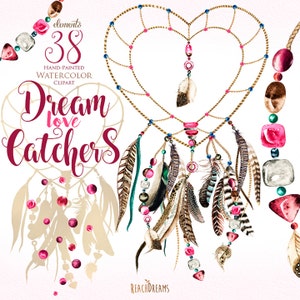 Acquerello Dreamcatchers Clipart, Cuore, San Valentino, Piume, Stile Boho, Rosa, Gemme colorate, Zingaro, Boho, Dipinto a mano, Fai da-da-sei, citazione