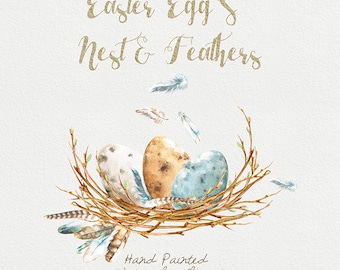 Easter Eggs Clipart, Feathers, Nest. Hand painted watercolour elements, transparent, digital png, printabl