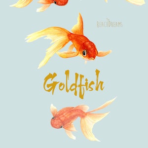 May include: Five watercolor illustrations of goldfish, painted in shades of orange and yellow. The goldfish are swimming in different directions, with their fins and tails flowing in the water. The illustrations are set against a light blue background. The text "Goldfish" is written in gold script below the fish.
