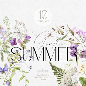 Flores silvestres Acuarela Floral Clipart Plantas Silvestres Herbal Clip Art Primavera Verano Prado Hierbas Flores Ramos de Boda Gráficos Botánico PNG