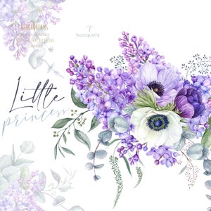 Bouquet di acquerello da sposa, floreale viola, fiori di anemone, eucalipto, lilla, viola, clipart dipinta a mano, inviti, saluto, citazione