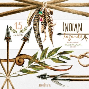 Indian legends. Watercolor Arrows Clipart, Tribal, Feathers, Boho, Indian Bow, Native America, laurel branch, DIY, quote, invitation, png