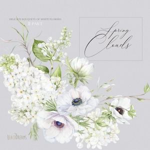 Clipart floral branco - Lilás - Anêmonas - Flores de primavera em aquarela - Clipart floral - Clipart pré-fabricado - Clipart de casamento - Buquês de primavera