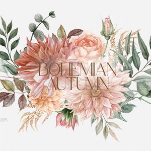 Peut inclure: Peinture &agrave; l'aquarelle d'un bouquet de fleurs roses, p&ecirc;che et rouges avec des feuilles vertes. Les fleurs sont dispos&eacute;es dans un style l&acirc;che et naturel. Le texte "BOHEMIAN AUTUMN" est &eacute;crit en lettres dor&eacute;es au centre de l'image.