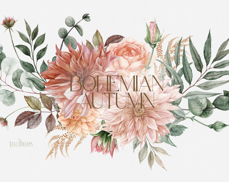Peut inclure: Peinture &agrave; l'aquarelle d'un bouquet de fleurs roses, p&ecirc;che et rouges avec des feuilles vertes. Les fleurs sont dispos&eacute;es dans un style l&acirc;che et naturel. Le texte "BOHEMIAN AUTUMN" est &eacute;crit en lettres dor&eacute;es au centre de l'image.