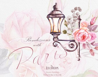 パリの水彩クリップアート、フランス、エッフェル塔、フランス、バラの